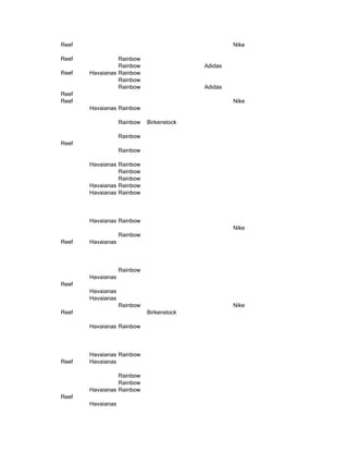 Reef                                                Nike

Reef             Rainbow
                 Rainbow                   Adidas
Reef   Havaianas Rainbow
                 Rainbow
                 Rainbow                   Adidas
Reef
Reef                                                Nike
       Havaianas Rainbow

                   Rainbow   Birkenstock

                   Rainbow
Reef
                   Rainbow

       Havaianas Rainbow
                 Rainbow
                 Rainbow
       Havaianas Rainbow
       Havaianas Rainbow



       Havaianas Rainbow
                                                    Nike
                   Rainbow
Reef   Havaianas



                   Rainbow
       Havaianas
Reef
       Havaianas
       Havaianas
                   Rainbow                          Nike
Reef                         Birkenstock

       Havaianas Rainbow



       Havaianas Rainbow
Reef   Havaianas

                 Rainbow
                 Rainbow
       Havaianas Rainbow
Reef
       Havaianas
 