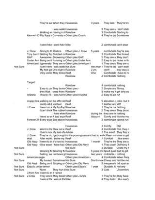 They're easy to wear toHavaianasI don't have shoes on the street.
                                                When they break and
                                                             the beach.           3 years    They last. They're brown.

                                                I was walking and they broke
                                                           Havaianas                      3 They are simple, comfortable and durable p
                                                                                                       I don't dislike anything about this
                                   Walking around Europe pee on my shoes.
                                                Having a dog
                                                           Rainbow                        3 ComfortableStarting to look old
                         Kenneth Cole - Reaction, Lizme ofOther J Crew,cut up fromEagle, Coach as I have not worn with little black flowers o
                                   Flip flops remind Claiborne, (please American my flip flops,
                                                Currently my feet are all specify)
                                                            the beach and summer.
                                                                       Coach              4 They're patent leather flip-flops for over six mo
                                                                                                       Sometimes they cut my feet.


                                     I went hiking went hiking yesterday and mythe flip-flops help me surviveout. He had to withwith dresses
                                                 I yesterdayNike I hurt my feet, friend's flip-flops were worncolorful, match jump back. dressi
                                                              and                               2 comfortable, today. them up my my
                                                                                                             can't wear

                         J. Crew    Going to the beach in North Carolina Crew
                                                 Blisters. Other (please wearing my brother's hand-me-down Batman flip-flops.
                                                                          J. specify) 5 years    comfortablethey're preppy
                         Tory burch Getting flipflop tans my toe
                                                 Stubbed Rainbow                               3 Comfortable and go withare kinda coming loos
                                                                                                              The threads most stuff
                         GAP        Awesome day at the beach. (please specify) in Lewis. 5 They are simple something in lot of character l
                                                 Showering in a nasty/filthy shower
                                                             Other        GAP                   Also tripping They and match everything on asph
                                                                                                              over don't have a flip flops
                         Under ArmorBeing on the beach relaxing listening specify) someone one Friday night. in the bottom allow some sto
                                                 Running out of my flipflops chasing
                                                             Other (please to music
                                                                          Under Armor          2 Easy to put Holes my feet well
                                                                                                               on, fit
                         American Eagle
                                    I generally don't wearsomewhat roughspecify)
                                                 They are the flip (please underneath the strap. They sometimes cause blisters to wear on
                                                             Other flops American Eagle
                                                                          I own                1 They are convenient uncomfortable
                                                                                                              They are
              Not Sure              I can't remember...
                                                 I was walking along the beach andless than 1 They're black and walk long and I can usethem
                                                             Not Sure                  they rubbed a blister onto my discrete, distances in them
                                                                                                              I can't feet. They hurt a lot.
                                    My feet got One night this flip flop broke and I had to walk home barefoot :| stay wet for too long
                                                 really tan my past weekend
                                                             Rainbow                  2 yrs      comf         they
                                    Very comfortablebroke Reef I was at a bar and I had to walk around barefoot all night. them everymy fee
                                                 They in the while
                                                              summer time.            One        Comfortable,have to replace leather, fit year b
                                                                                                              I look good, nice
                                                             Rainbow                           2 Comfortable  Nothing

                         Target!
                                                            Rainbow                             4 comfortable, nuetral
                                                                                                                 nothing
                         -           Easy to use.They broke. ther (please specify)
                                                            O           -                       2 Simple and Flimsy. job.
                                                                                                                 does the
                                     they float ones from nail salon break while crossing dirty NYC my feet look small
                                                            Rainbow                             5 make street with puddles
                                                                                                                 get dirty easily
                         Arizona     I found 10 dollarsrunning across the streetslippers flip flop fell off. put NAran over it but it was also good.ni
                                                 I was whileOther (please specify) my
                                                             stopping toArizona and
                                                                          fix my                2 Easy to A car and take off. They still look
                                                                                                                 one

                         crappy brands, maxinethe beach, andbroke whenyou THINGS GOTand it was bloody, ow.airy were on sale
                                    walking on         effin strap let me tell i stubbed my toe 5 elevation. comfort. they
                                                                Reef                               SANDY        color. but
Quicksilver                         comfy all day feet
                                                  wet           Reef                              1 leather and stiff
                                                                                                                 cmfy
                         J.Crew     I went on a My flip-flops got stolen.
                                                  rollercoaster.Rainbow                           1 They're comfy
                                                                                                                Nothing
                                    I can't think The rubber Havaianas but fold flops always remindI merubber so theymy toeslotand goodI tim
                                                   of one great experience
                                                                flip flops always flip under my toes and are of the beach, have a against the pa
                                                                                                  2 They end up scraping vacation, to wash. ca
                                                                                                                They do not are easy of foot supp
                                                  I hate whenRainbow flops break during the summer really well made and prepy which i lik
                                                                 cheap flip                         they are nothing
                                    I tend to wearbad flops Reef happened many About one timewore plastic the mosthard and not quite war
                                                  A flip experience it's not snowing and 4
                                                                anytime                  a time when I it was raining really flops because of the c
                                                                                                    Comfy and Not style flip attractive
                                                                                                                reliable
                         Forever 21 Every experience in flip-flops is a good experience.
                                                  See above Havaianas                             2 comfortable, formed to in them easy to wear
                                                                                                                cannot run my feet,

                                                               Havaianas                       3 Comfy        Old
                         J. Crew     Went to theBlew out a flip flop running in the rain.
                                                   pool.       Reef                            4 Comfortable. N/A; they rule.
                                     I had a niceMy feet oftenbeach in my flip flops. while wearing flip flops.
                                                   walk on the sweat uncomfortably
                                                               Adidas                          1 The aren't slimy feeling. much on my feet.
                                                                                                              They flop too
                         J. Crew     They're nice got when it's really hot? rain and had to walk fifteen minutes to get home. Broke my flip-flo
                                                  I for caught in the pouring
                         okal        After working beingmy foot at work playing volleyball withof walking lifeguards. My shoe got trapped and
                                                  I broke able to change into flip flops instead Comfort from the T in heelsThese are my 3rd
                                                               Reef                            1 the other I like everything.
                         Old Navy, DKNY to the beach. to wear them in NY because my feet get all dirty. They are a little too big but I wear t
                                     I went       It's hard    Havaianas              1 month They're the newest
                         Old Navy, Clarks, some have had them fromthey let my feet air out. 1 They cost less thanshoesflopsare comfy and th
                                     I like wearingbrandless Otherbreak Old Navy out and had to struggle favorite $1. Theywear to break af
                                                  I flip-flops because Asiaspecify)
                                                               pair (please
                                                                          while I am            They are my to find a new pair. Also, wearing ea
                                                                                                              Old Navy flip to tend
              Not Sure                                         Not Sure                        3 Durable      Chafe my feet
                                     Wearing flip-flops in flip-flops home from has helped protect my feet against a long time.wet. I usually we
                                                  Wearing communal showers swim5practice during the winter months. warts, athlete's foot
                                                               Rainbow                  years maybe? quality, last plantar
                                                                                                 Good         Bad to get leather
              Not Sure               Sailing, swimming getting wet bleeding on feet staining moldable, dont bleed, dont mold, comfortable
                                                  rainbows Havaianas                  two years feet gettingnothing
                                                                                                               moldy
                         American eagle                        Other (please specify)
                                                                          American eagle       4 Comfortable. Easily on and off.on the back and
                                                                                                              When People step Air out muh fee
              Not Sure               My house is nice.
                                                  Sometimes Not house is not nice. Don't know Cheap and Not the job done
                                                               my Sure                                        get the most comfortable pair of fli
                         Old Navt Being on the beach, on Other (please specify) summer 5face
                                                  Slipping boats, and outside during
                                                               a wet surface and landing on mymonths
                                                                          Old Navy               inexpensive apart easily
                                                                                                              fall
              Not Sure   Eliza b, under armor                  Other (please specify) 1 year
                                                                          Eliza b.               Durable, look cute, comfortable
                                                                                                              Not any
              Not Sure               None         They hurt by rubbing between my toes too much, pretty much every time.
                                                               Not Sure                        3 Cost         Uncomfortable.
                         3 from American Eagle, 1 is an old Hiking pair (don't know brand)
                                     I went to the beach
                                                  It rained
              Not Sure   J Crew      They are really comfy Otherand then specify) to walk around barefoot on havefootto my feet the bottom
                                                  They break a lot (please you have
                                                                          J Crew               1 They're formed perfectly
                                                                                                              They one giant holes in
                                     I was at theIbeach withNikebrother.my other brother. It wasn't as fun. I like everything about them.
                                                    was at the my
                                                               beach with It was loads of fun. 4 They look sick.
 