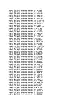 1.48E+09   20371050   ########   ########   24.218.16.19
1.48E+09   20371050   ########   ########   76.19.174.104
1.48E+09   20371050   ########   ########   69.119.110.154
1.48E+09   20371050   ########   ########   24.218.221.83
1.48E+09   20371050   ########   ########   68.174.179.181
1.48E+09   20371050   ########   ########   98.114.159.148
1.48E+09   20371050   ########   ########   136.167.248.207
1.48E+09   20371050   ########   ########   173.196.192.210
1.48E+09   20371050   ########   ########   136.167.255.6
1.48E+09   20371050   ########   ########   65.96.97.83
1.48E+09   20371050   ########   ########   141.157.207.244
1.48E+09   20371050   ########   ########   24.60.17.193
1.48E+09   20371050   ########   ########   66.31.114.221
1.48E+09   20371050   ########   ########   71.232.26.225
1.48E+09   20371050   ########   ########   71.174.254.141
1.48E+09   20371050   ########   ########   67.81.47.88
1.48E+09   20371050   ########   ########   69.132.233.128
1.48E+09   20371050   ########   ########   209.6.79.90
1.48E+09   20371050   ########   ########   98.229.96.214
1.48E+09   20371050   ########   ########   74.104.118.236
1.48E+09   20371050   ########   ########   96.253.47.190
1.48E+09   20371050   ########   ########   207.7.98.229
1.48E+09   20371050   ########   ########   166.137.139.246
1.48E+09   20371050   ########   ########   204.17.229.250
1.48E+09   20371050   ########   ########   96.228.20.223
1.48E+09   20371050   ########   ########   24.60.254.94
1.48E+09   20371050   ########   ########   69.121.226.26
1.48E+09   20371050   ########   ########   71.232.26.225
1.48E+09   20371050   ########   ########   66.31.165.24
1.48E+09   20371050   ########   ########   96.237.118.233
1.48E+09   20371050   ########   ########   76.19.216.36
1.48E+09   20371050   ########   ########   98.118.30.58
1.48E+09   20371050   ########   ########   98.216.12.242
1.48E+09   20371050   ########   ########   146.115.112.63
1.48E+09   20371050   ########   ########   65.96.218.123
1.48E+09   20371050   ########   ########   204.10.135.8
1.48E+09   20371050   ########   ########   173.48.43.230
1.48E+09   20371050   ########   ########   12.190.80.225
1.48E+09   20371050   ########   ########   204.149.81.6
1.48E+09   20371050   ########   ########   174.252.35.147
1.48E+09   20371050   ########   ########   204.17.229.250
1.48E+09   20371050   ########   ########   76.118.128.58
1.48E+09   20371050   ########   ########   216.193.157.6
1.48E+09   20371050   ########   ########   70.89.235.129
1.48E+09   20371050   ########   ########   209.240.44.226
1.48E+09   20371050   ########   ########   24.63.211.76
1.48E+09   20371050   ########   ########   208.82.12.2
1.48E+09   20371050   ########   ########   65.96.25.238
1.48E+09   20371050   ########   ########   38.111.4.236
1.48E+09   20371050   ########   ########   173.166.189.25
1.48E+09   20371050   ########   ########   173.12.90.225
1.48E+09   20371050   ########   ########   12.190.80.225
 