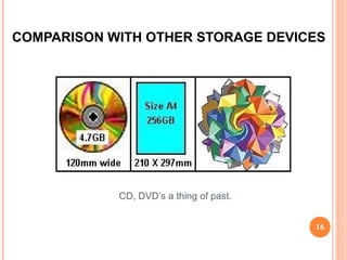  Currently, of the several options available for data storage,
DVDs are the best mode, but are yet expensive.
 While a CD costs Rs. 15, his paper or plastic-made RVD will cost
just about Rs. 1.50 and will even have 131 times more storage
capacity.
 Using this technology an A4 sheet of paper could store 450 GB
of data. In comparison, a DVD can store 4.7GB of data.
 Paper is, of course, bio-degradable, unlike CDs or DVDs. And
sheets of paper also cost a fraction of the cost of a CD or DVD.
16
 