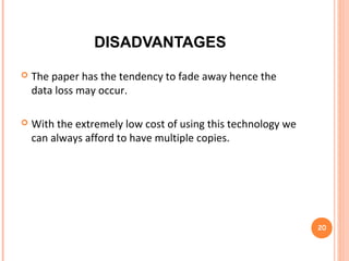 CONCLUSION
 Once the Rainbow technology is in, soon we would be
watching full-length high-definition videos from a piece of
paper!
 With the popularity of the Rainbow Technology, computer or
fashion magazines in future need not carry CDs in a pack.
 It should cost a lot less to produce than the typical
polycarbonate DVDs, CDs and now Blu- rays. Huge data banks
can be constructed out of Rainbow-based storage medium.
20
 