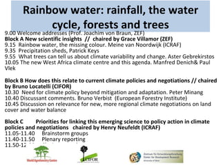 Rainbow water: rainfall, the water
            cycle, forests and trees
9.00 Welcome addresses (Prof. Joachim von Braun, ZEF)
Block A New scientific insights // chaired by Grace Villamor (ZEF)
9.15 Rainbow water, the missing colour. Meine van Noordwijk (ICRAF)
9.35 Precipitation sheds, Patrick Keys
9.55 What trees can tell us about climate variability and change. Aster Gebrekirstos
10.05 The new West Africa climate centre and this agenda. Manfred Denich& Paul
Vlek

Block B How does this relate to current climate policies and negotiations // chaired
by Bruno Locatelli (CIFOR)
10.30 Need for climate policy beyond mitigation and adaptation. Peter Minang
10.40 Discussant comments. Bruno Verbist (European Forestry Institute)
10.45 Discussion on relevance for new, more regional climate negotiations on land
cover and water balance
Block C      Priorities for linking this emerging science to policy action in climate
policies and negotiations chaired by Henry Neufeldt (ICRAF)
11.05-11.40 Brainstorm groups
11.40-11.50 Plenary reporting
11.50-12.00 Closing remarks
 