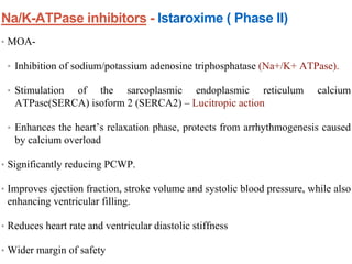 Na/K-ATPase inhibitors - Istaroxime ( Phase II)
• MOA-
• Inhibition of sodium/potassium adenosine triphosphatase (Na+/K+ ATPase).
• Stimulation of the sarcoplasmic endoplasmic reticulum calcium
ATPase(SERCA) isoform 2 (SERCA2) – Lucitropic action
• Enhances the heart’s relaxation phase, protects from arrhythmogenesis caused
by calcium overload
• Significantly reducing PCWP.
• Improves ejection fraction, stroke volume and systolic blood pressure, while also
enhancing ventricular filling.
• Reduces heart rate and ventricular diastolic stiffness
• Wider margin of safety
 