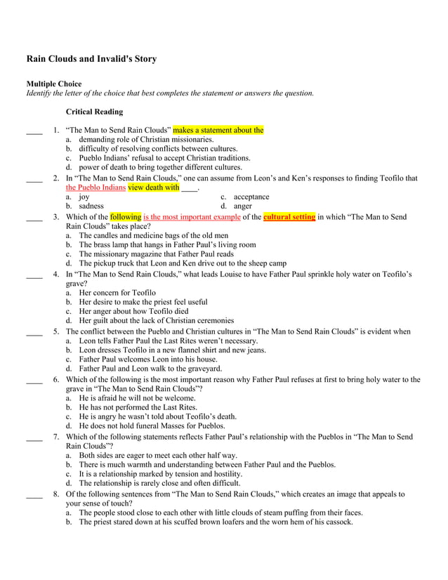 Rain cloud and invalid's story TEST 1 PDF