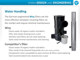 SYSTEMDESIGN ANDENGINEERING|Water HandlingThe German-engineered Wisy filters are the most effective rainwater recycling filters on the market and require minimal maintenance.  WisyCleans water of organic matter and debrisFilter only needs cleaning once a yearStainless steel filters do not need replacingTanks need minimal maintenance and cleaningCompetitor’s filterCleans water of organic matter and debrisFilter needs to be cleaned frequently (often after heavy rainfalls)Components more susceptible to wear and tear & filters need replacingTank recommended to be cleaned once a year