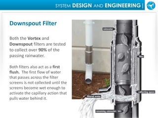SYSTEMDESIGN ANDENGINEERING|Downspout FilterBoth the Vortex and Downspout filters are tested to collect over 90% of the passing rainwater.Both filters also act as a first flush.  The first flow of water that passes across the filter screens is not collected until the screens become wet enough to activate the capillary action that pulls water behind it.