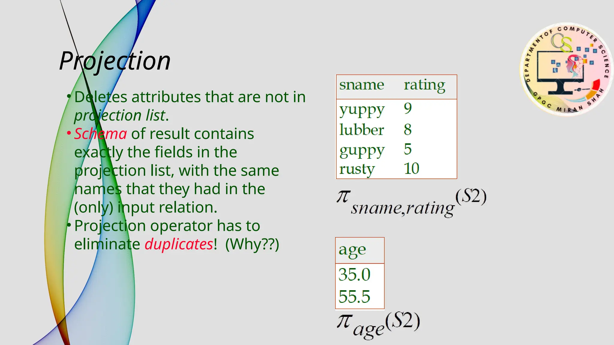• Deletes attributes that are not in
projection list.
• Schema of result contains
exactly the fields in the
projection list, with the same
names that they had in the
(only) input relation.
• Projection operator has to
eliminate duplicates! (Why??)
Projection
 