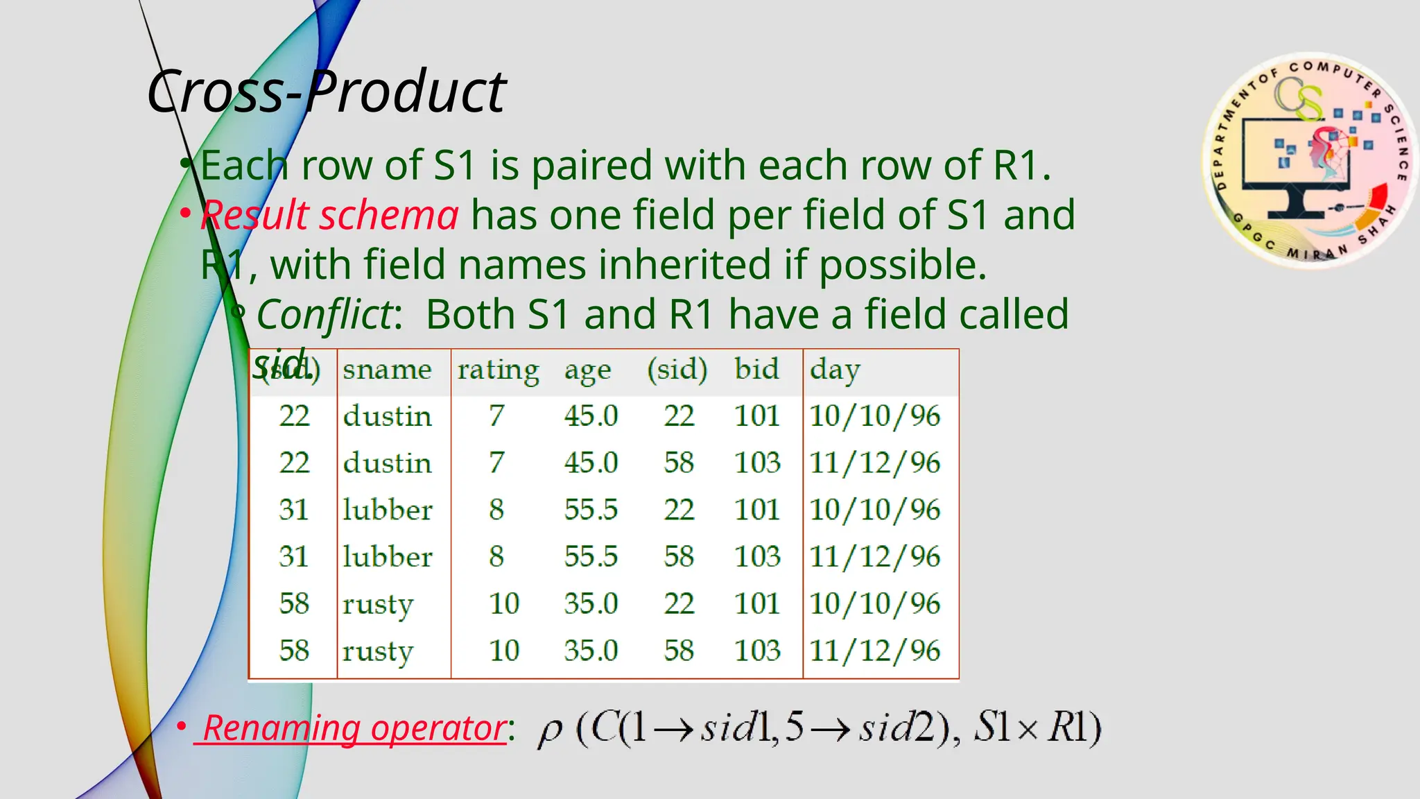 Cross-Product
• Each row of S1 is paired with each row of R1.
• Result schema has one field per field of S1 and
R1, with field names inherited if possible.
⚬Conflict: Both S1 and R1 have a field called
sid.
• Renaming operator:
 