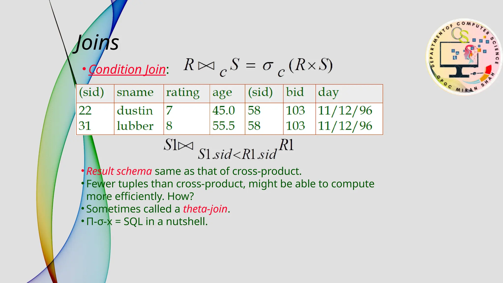 • Condition Join:
• Result schema same as that of cross-product.
• Fewer tuples than cross-product, might be able to compute
more efficiently. How?
• Sometimes called a theta-join.
• Π-σ-x = SQL in a nutshell.
Joins
 