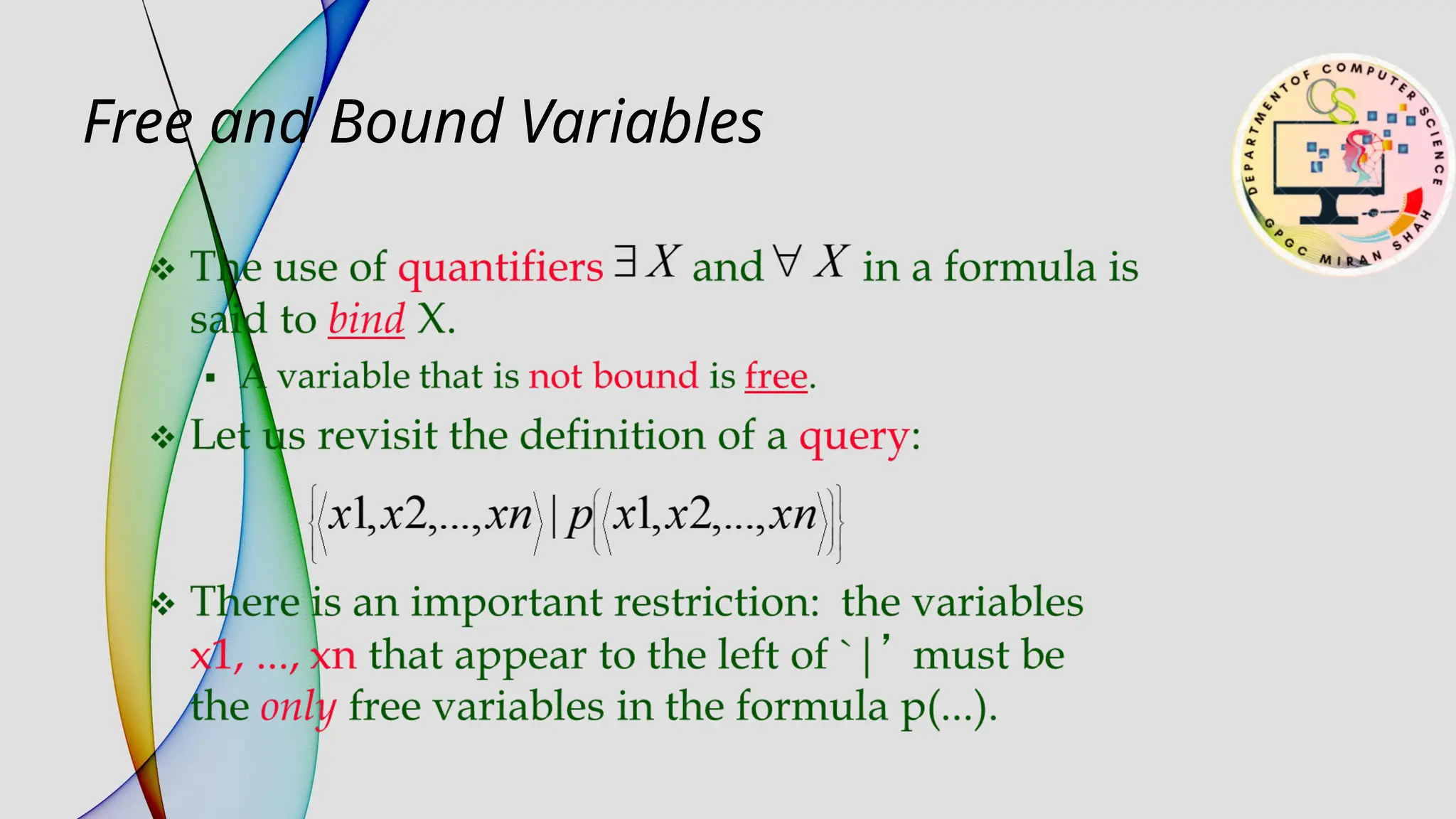 Free and Bound Variables
 