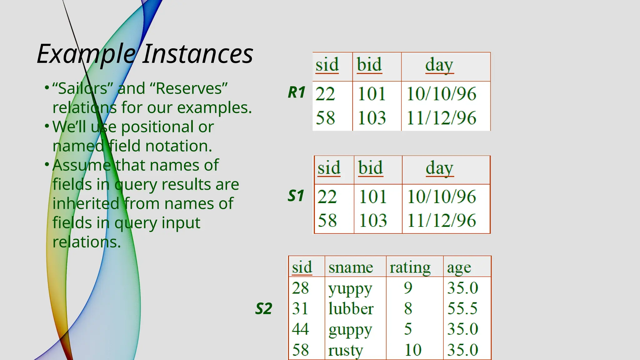 Example Instances
R1
S1
S2
• “Sailors” and “Reserves”
relations for our examples.
• We’ll use positional or
named field notation.
• Assume that names of
fields in query results are
inherited from names of
fields in query input
relations.
 