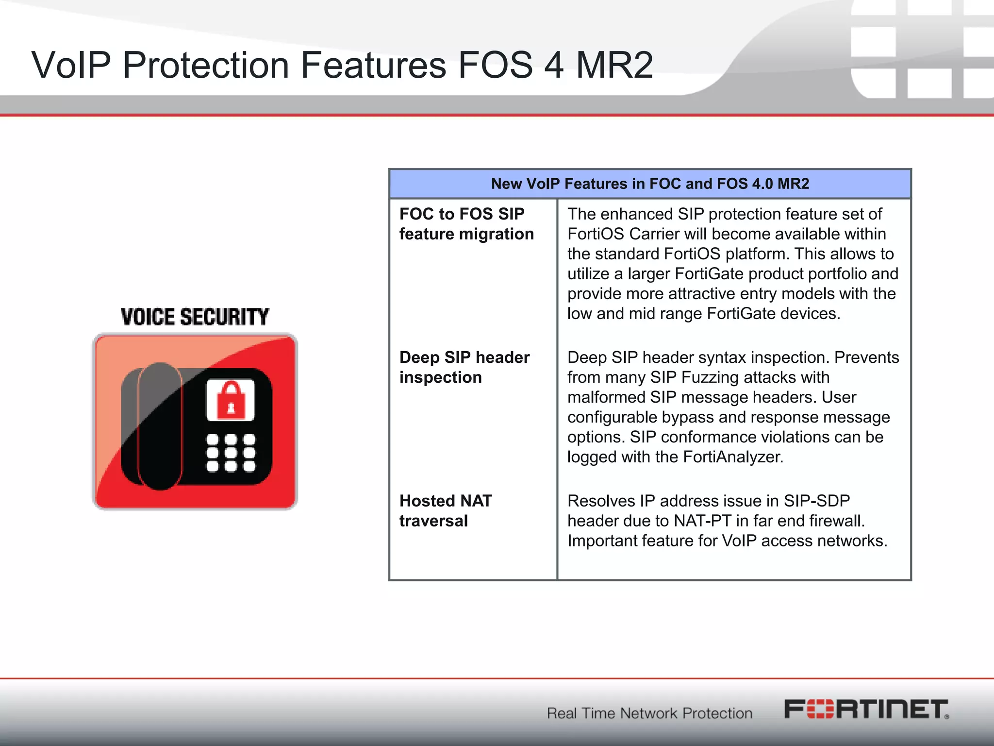 Fortinet ConfidentialFortinet Confidential
VoIP Protection Features FOS 4 MR2
New VoIP Features in FOC and FOS 4.0 MR2
FOC to FOS SIP
feature migration
The enhanced SIP protection feature set of
FortiOS Carrier will become available within
the standard FortiOS platform. This allows to
utilize a larger FortiGate product portfolio and
provide more attractive entry models with the
low and mid range FortiGate devices.
Deep SIP header
inspection
Deep SIP header syntax inspection. Prevents
from many SIP Fuzzing attacks with
malformed SIP message headers. User
configurable bypass and response message
options. SIP conformance violations can be
logged with the FortiAnalyzer.
Hosted NAT
traversal
Resolves IP address issue in SIP-SDP
header due to NAT-PT in far end firewall.
Important feature for VoIP access networks.
 