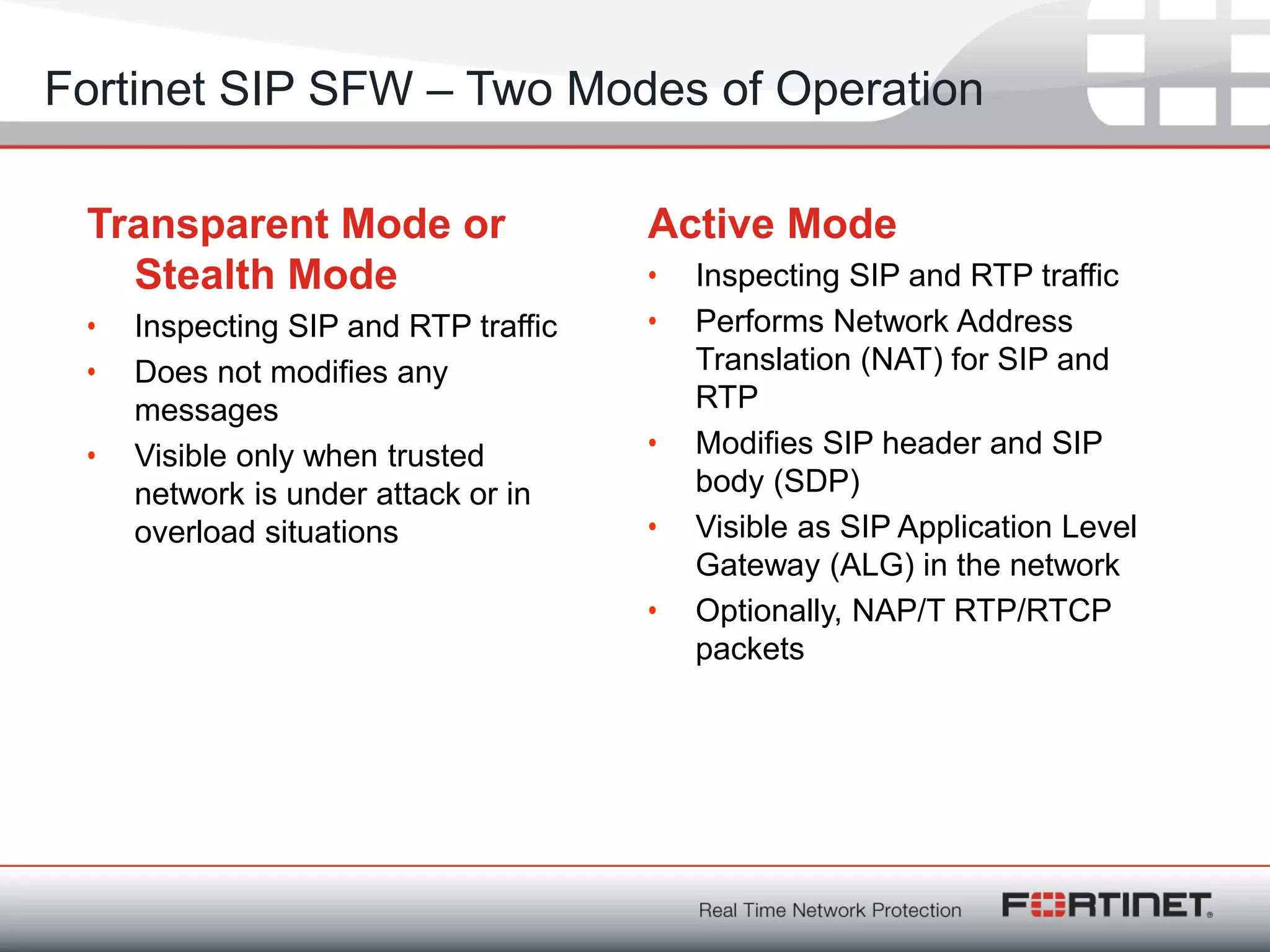 Fortinet ConfidentialFortinet Confidential
Transparent Mode or
Stealth Mode
• Inspecting SIP and RTP traffic
• Does not modifies any
messages
• Visible only when trusted
network is under attack or in
overload situations
Active Mode
• Inspecting SIP and RTP traffic
• Performs Network Address
Translation (NAT) for SIP and
RTP
• Modifies SIP header and SIP
body (SDP)
• Visible as SIP Application Level
Gateway (ALG) in the network
• Optionally, NAP/T RTP/RTCP
packets
Fortinet SIP SFW – Two Modes of Operation
 