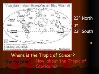 22 ° North 22 ° South 0 ° How  about the Tropic of Capricorn? Where is the Tropic of Cancer? The Equator? 