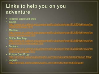 • Teacher approved sites
• Sloths-
http://www.srl.caltech.edu/personnel/krubal/rainforest/Edit560s6/www/an
imals/slothpage.html
• Macaw-
http://www.srl.caltech.edu/personnel/krubal/rainforest/Edit560s6/www/an
imals/macawpage.html
• Spider Monkey-
http://www.srl.caltech.edu/personnel/krubal/rainforest/Edit560s6/www/an
imals/spidermonkeypage.html
• Toucan-
http://www.srl.caltech.edu/personnel/krubal/rainforest/Edit560s6/www/an
imals/toucanpage.html
• Poison Dart Frog-
http://animals.nationalgeographic.com/animals/amphibians/poison-frog/
• Jaguar-
http://animals.nationalgeographic.com/animals/mammals/jaguar/
 