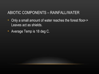ABIOTIC COMPONENTS – RAINFALL/WATER
• Only a small amount of water reaches the forest floor->
Leaves act as shields.
• Average Temp is 18 deg C.