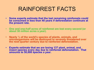 RAINFOREST FACTS Some experts estimate that the last remaining rainforests could be consumed in less than 40 years if deforestation continues at the present rate. One and one-half acres of rainforest are lost every second (or about 30 million acres a year). Nearly ½ of the world’s species of plants, animals, and microorganisms will be destroyed or severely threatened over the next quarter century due to rainforest deforestation. Experts estimate that we are losing 137 plant, animal, and insect species every day due to rainforest deforestation.  That amounts to 50,000 species a year. 