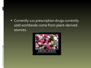 Currently 121 prescription drugs currently sold worldwide come from plant-derived sources.  