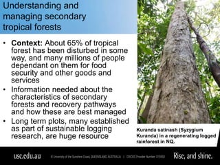 Understanding and
managing secondary
tropical forests
• Context: About 65% of tropical
forest has been disturbed in some
way, and many millions of people
dependant on them for food
security and other goods and
services
• Information needed about the
characteristics of secondary
forests and recovery pathways
and how these are best managed
• Long term plots, many established
as part of sustainable logging
research, are huge resource
Kuranda satinash (Syzygium
Kuranda) in a regenerating logged
rainforest in NQ.
 