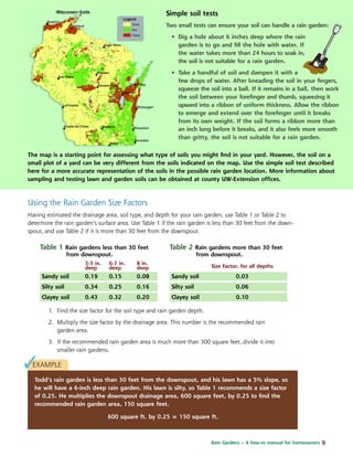 Rain Gardens – A how-to manual for homeowners 9
Using the Rain Garden Size Factors
Having estimated the drainage area, soil type, and depth for your rain garden, use Table 1 or Table 2 to
determine the rain garden’s surface area. Use Table 1 if the rain garden is less than 30 feet from the down-
spout, and use Table 2 if it is more than 30 feet from the downspout.
Table 1 Rain gardens less than 30 feet
from downspout.
3-5 in. 6-7 in. 8 in.
deep deep deep
Sandy soil 0.19 0.15 0.08
Silty soil 0.34 0.25 0.16
Clayey soil 0.43 0.32 0.20
EXAMPLE
Todd’s rain garden is less than 30 feet from the downspout, and his lawn has a 5% slope, so
he will have a 6-inch deep rain garden. His lawn is silty, so Table 1 recommends a size factor
of 0.25. He multiplies the downspout drainage area, 600 square feet, by 0.25 to ﬁnd the
recommended rain garden area, 150 square feet.
600 square ft. by 0.25 = 150 square ft.
1. Find the size factor for the soil type and rain garden depth.
2. Multiply the size factor by the drainage area. This number is the recommended rain
garden area.
3. If the recommended rain garden area is much more than 300 square feet, divide it into
smaller rain gardens.
Table 2 Rain gardens more than 30 feet
from downspout.
Size Factor, for all depths
Sandy soil 0.03
Silty soil 0.06
Clayey soil 0.10
✓
Simple soil tests
Two small tests can ensure your soil can handle a rain garden:
• Dig a hole about 6 inches deep where the rain
garden is to go and ﬁll the hole with water. If
the water takes more than 24 hours to soak in,
the soil is not suitable for a rain garden.
• Take a handful of soil and dampen it with a
few drops of water. After kneading the soil in your ﬁngers,
squeeze the soil into a ball. If it remains in a ball, then work
the soil between your foreﬁnger and thumb, squeezing it
upward into a ribbon of uniform thickness. Allow the ribbon
to emerge and extend over the foreﬁnger until it breaks
from its own weight. If the soil forms a ribbon more than
an inch long before it breaks, and it also feels more smooth
than gritty, the soil is not suitable for a rain garden.
The map is a starting point for assessing what type of soils you might ﬁnd in your yard. However, the soil on a
small plot of a yard can be very different from the soils indicated on the map. Use the simple soil test described
here for a more accurate representation of the soils in the possible rain garden location. More information about
sampling and testing lawn and garden soils can be obtained at county UW-Extension offices.
 