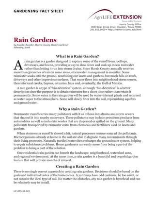 GARDENING FACT SHEET


                                                                                     Harris County Office
                                                            3033 Bear Creek Drive, Houston, Texas 77084
                                                           281.855.5600 • http://harris-tx.tamu.edu/hort




Rain Gardens
by Angela Chandler, Harris County Master Gardener
February, 2008



                                     What is a Rain Garden?


A
        rain garden is a garden designed to capture some of the runoff from rooftops,
        driveways, and lawns, providing a way to slow down and soak up excess rainwater
        rather than letting it run into storm drains. Since Harris County annually receives
more than 50 inches of rain in some areas, stormwater management is essential. Some
rainwater soaks into the ground, nourishing our lawns and gardens, but much falls on roofs,
driveways and other impervious surfaces. That water flows into neighborhood storm sewers,
then into local creeks, bayous, estuaries, bays and, eventually, the Gulf of Mexico.
   A rain garden is a type of “bio-retention” system, although “bio-detention” is a better
description since the purpose is to detain rainwater for a short time rather than retain it
permanently. Some water in the rain garden will be used by water-tolerant plants and returned
as water vapor to the atmosphere. Some will slowly filter into the soil, replenishing aquifers
and groundwater.

                                        Why a Rain Garden?
Stormwater runoff carries many pollutants with it as it flows into drains and storm sewers
that channel it into nearby waterways. These pollutants may include petroleum products from
automobiles as well as industrial wastes that are dispersed or spilled on the ground. Many
pollutants transported by rainwater come from chemicals and fertilizers used on lawns and
gardens.
   When stormwater runoff is slowed a bit, natural processes remove some of the pollutants.
Microorganisms already at home in the soil are able to degrade many contaminants through
their living processes. Naturally purified water then recharges the groundwater system, helping
to repair subsidence problems. Home gardeners can easily move from being a part of the
problem to being a part of the solution.
   One residential rain garden can benefit the landscape, neighborhood, watershed zone,
and regional environment. At the same time, a rain garden is a beautiful and peaceful garden
feature that will provide months of interest.

                                      Creating a Rain Garden
There is no single correct approach to creating rain gardens. Decisions should be based on the
goals and individual tastes of the homeowner. A yard may have odd contours, be too small, or
not contain the ideal type of soil. No matter the obstacles, any rain garden is beneficial and can
be relatively easy to install.

HC-GFS-08-001
 