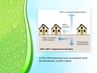 At 30 to 50% impervious (such as suburban areas
like Mandeville), runoff is tripled.

 