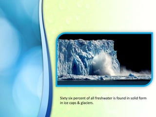 66%

Sixty six percent of all freshwater is found in solid form
in ice caps & glaciers.

 