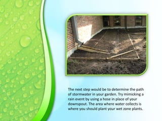 The next step would be to determine the path
of stormwater in your garden. Try mimicking a
rain event by using a hose in place of your
downspout. The area where water collects is
where you should plant your wet zone plants.

 