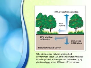 When it rains in a natural, undisturbed
environment about 50% of the rainwater infiltrates
into the ground, 40% evaporates or is taken up by
plants and only about 10% runs off the surface.

 