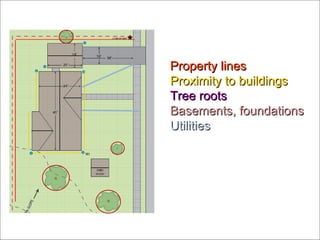 Property lines Proximity to buildings Tree roots Basements, foundations Utilities 