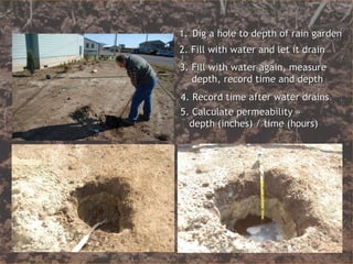 Dig a hole to depth of rain garden 2. Fill with water and let it drain 3. Fill with water again, measure depth, record time and depth 4. Record time after water drains 5. Calculate permeability = depth (inches) / time (hours) 