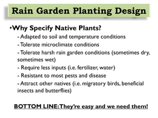 Nativity
•Why Specify Native Plants?
- Adapted to soil and temperature conditions
-Tolerate microclimate conditions
-Tolerate harsh rain garden conditions (sometimes dry,
sometimes wet)
- Require less inputs (i.e. fertilizer, water)
- Resistant to most pests and disease
- Attract other natives (i.e. migratory birds, beneficial
insects and butterflies)
BOTTOM LINE:They’re easy and we need them!
Rain Garden Planting Design
 