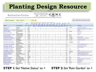 STEP 1: Set ‘Native Status’ to + STEP 2: Set ‘Rain Garden’ to +
RI Coastal Plant GuidePlanting Design Resource
 