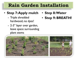 • Step 7:Apply mulch
- Triple shredded
hardwood, no dyes!
- 2-3” layer over garden,
leave space surrounding
plant stems
Rain Garden Installation
• Step 8:Water
• Step 9: BREATH!
 