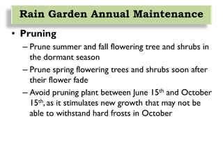 • Pruning
– Prune summer and fall flowering tree and shrubs in
the dormant season
– Prune spring flowering trees and shrubs soon after
their flower fade
– Avoid pruning plant between June 15th and October
15th, as it stimulates new growth that may not be
able to withstand hard frosts in October
Rain Garden Annual Maintenance
 