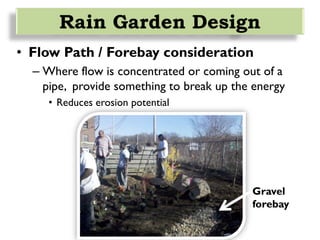 • Flow Path / Forebay consideration
– Where flow is concentrated or coming out of a
pipe, provide something to break up the energy
• Reduces erosion potential
Rain Garden Design
Gravel
forebay
 