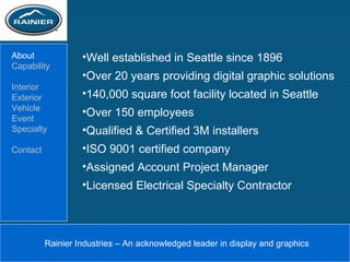 Rainier Industries – An acknowledged leader in display and graphics About Capability Interior Exterior Vehicle Event Specialty Contact ,[object Object],[object Object],[object Object],[object Object],[object Object],[object Object],[object Object],[object Object]
