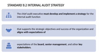 STANDARD 9.2 INTERNAL AUDIT STRATEGY
The chief audit executive must develop and implement a strategy for the
internal audit function
that supports the strategic objectives and success of the organization and
aligns with expectations of
expectations of the board, senior management, and other key
stakeholders.
 