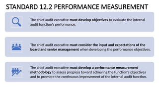 STANDARD 12.2 PERFORMANCE MEASUREMENT
The chief audit executive must develop objectives to evaluate the internal
audit function’s performance.
The chief audit executive must consider the input and expectations of the
board and senior management when developing the performance objectives.
The chief audit executive must develop a performance measurement
methodology to assess progress toward achieving the function’s objectives
and to promote the continuous improvement of the internal audit function.
 
