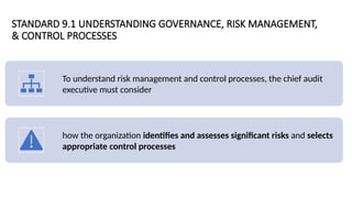 STANDARD 9.1 UNDERSTANDING GOVERNANCE, RISK MANAGEMENT,
& CONTROL PROCESSES
To understand risk management and control processes, the chief audit
executive must consider
how the organization identifies and assesses significant risks and selects
appropriate control processes
 