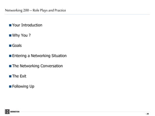 |
Your Introduction
Why You ?
Goals
Entering a Networking Situation
The Networking Conversation
The Exit
Following Up
Networking 200 – Role Plays and Practice
2020
 