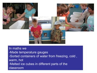 In maths we Made temperature gauges Sorted containers of water from freezing, cold , warm, hot Melted ice cubes in different parts of the classroom 