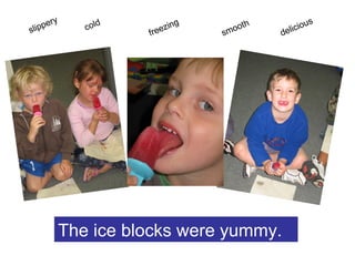 The ice blocks were yummy. slippery cold delicious smooth freezing 