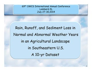 1
Rain, Runoff, and Sediment Loss in
Normal and Abnormal Weather Years
in an Agricultural Landscape
in Southeastern U.S.
A 10-yr Dataset
69th SWCS International Annual Conference
Lombard-IL
July 27-30,2014
 