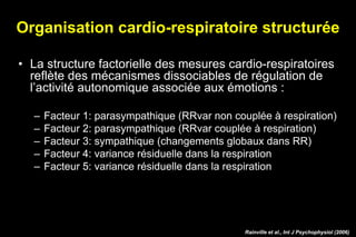 Organisation cardio-respiratoire structurée
• La structure factorielle des mesures cardio-respiratoires
reflète des mécanismes dissociables de régulation de
l’activité autonomique associée aux émotions :
– Facteur 1: parasympathique (RRvar non couplée à respiration)
– Facteur 2: parasympathique (RRvar couplée à respiration)
– Facteur 3: sympathique (changements globaux dans RR)
– Facteur 4: variance résiduelle dans la respiration
– Facteur 5: variance résiduelle dans la respiration
Rainville et al., Int J Psychophysiol (2006)
 
