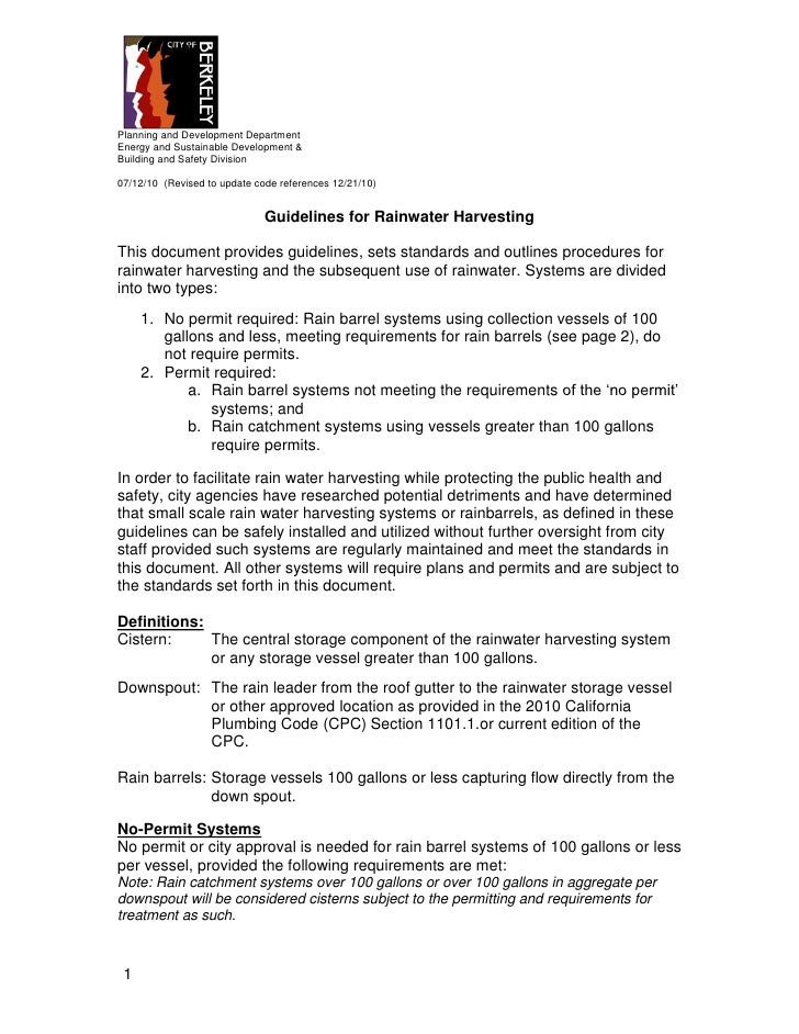 California Guidelines For Rainwater Harvesting City Of