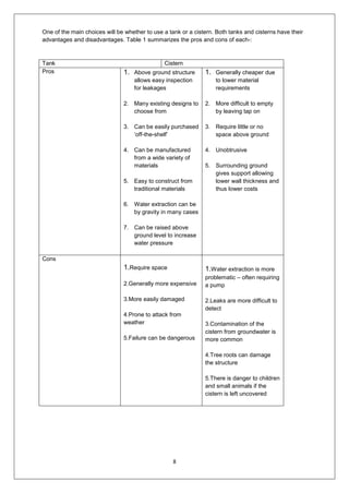 8
One of the main choices will be whether to use a tank or a cistern. Both tanks and cisterns have their
advantages and disadvantages. Table 1 summarizes the pros and cons of each-:
Tank Cistern
Pros 1. Above ground structure
allows easy inspection
for leakages
2. Many existing designs to
choose from
3. Can be easily purchased
‘off-the-shelf’
4. Can be manufactured
from a wide variety of
materials
5. Easy to construct from
traditional materials
6. Water extraction can be
by gravity in many cases
7. Can be raised above
ground level to increase
water pressure
1. Generally cheaper due
to lower material
requirements
2. More difficult to empty
by leaving tap on
3. Require little or no
space above ground
4. Unobtrusive
5. Surrounding ground
gives support allowing
lower wall thickness and
thus lower costs
Cons
1.Require space
2.Generally more expensive
3.More easily damaged
4.Prone to attack from
weather
5.Failure can be dangerous
1.Water extraction is more
problematic – often requiring
a pump
2.Leaks are more difficult to
detect
3.Contamination of the
cistern from groundwater is
more common
4.Tree roots can damage
the structure
5.There is danger to children
and small animals if the
cistern is left uncovered
 