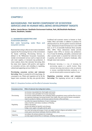 r a i n wat e r h a r v e s t i n g : a l i f e l i n e f o r h u m a n w e l l - b e i n g




CHAPTER 2

Background: The water component of ecosystem
services and in human well-being development targets
Author: Jennie Barron, Stockholm Environment Institute, York, UK/Stockholm Resilience
Centre, Stockholm, Sweden



2.1 Rainwater harvesting and
                                                                                livelihood and economic returns to humans as food,
ecosystem services:
                                                                                fodder, fibres and timber, in addition to products for
Rain water harvesting, water flows and                                          pharmaceutical use, diverse genetic resources and fresh
ecosystem services
                                                                                water.. Abstraction of water for human use is circa 3,600
                                                                                km3, or 25 % of renewable freshwater flows annually
Rainwater harvesting is often an intervention intended to                       (MA, 2005). These abstractions mainly provide
augment the Provisioning Services of the environment                            irrigation water (70%) to increase crop production.
for human well-being. Provisioning Services, as                                 Use of water for drinking, and public, commercial and
defined in the Millennium Ecosystem Assessment,                                 other societal needs is essential but relatively minor
include environmental services such as improved and                             in quantity, and much is returned to landscape, often
safe water supplies, or increased crop production. A                            through waste water systems.
closer analysis shows that rainwater harvesting often
has many more impacts, both positive and negative                                 ►►Rainwater harvesting is a way of increasing the
on ecosystem services, and extending to regulating,                                 provisioning capacity at a specific location. Many
cultural and supporting services (Table 2.1).                                       rainwater harvesting interventions to date are primarily
                                                                                    to increase crop/fodder/food/timber production, or to
Provisioning ecosystem services and rainwater                                       provide domestic/public/commercial supplies of water.
harvesting: Water is essential for all living beings, for
consumptive use. Plants and vegetation are by far the                           Regulating ecosystem services and rainwater
largest water consumers, but they also provide direct                           harvesting: The regulating services are in addition


Table 2.1: Ecosystems functions and the effect of rainwater harvesting



 Ecosystem services           Effect of rainwater harvesting intervention…

                              can increase crop productivity, food supply and income
                              can increase water and fodder for livestock and poultry
 Provisioning                 can increase rainfall infiltration, thus recharging shallow groundwater sources and base flow in rivers
                              can regenerate landscapes increasing biomass, food, fodder, fibre and wood for human consumption
                              improves productive habitats, and increases species diversity in flora and fauna
                              can affect the temporal distribution of water in landscape
                              reduces fast flows and reduces incidences of flooding
 Regulating                   reduces soil erosion
                              can provide habitat for harmful vector diseases
                              bridges water supply in droughts and dry spells
                              rain water harvesting and storage of water can support spiritual, religious and aesthetic values
 Cultural
                              creates green oasis/mosaic landscape which has aesthetic value
                              can enhance the primary productivity in landscape
 Supporting
                              can help support nutrient flows in landscape, including water purification



4
 