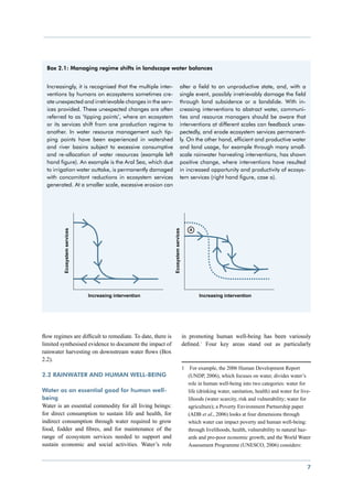 Box 2.1: Managing regime shifts in landscape water balances


  Increasingly, it is recognised that the multiple inter-    alter a field to an unproductive state, and, with a
  ventions by humans on ecosystems sometimes cre-            single event, possibly irretrievably damage the field
  ate unexpected and irretrievable changes in the serv-      through land subsidence or a landslide. With in-
  ices provided. These unexpected changes are often          creasing interventions to abstract water, communi-
  referred to as ‘tipping points’, where an ecosystem        ties and resource managers should be aware that
  or its services shift from one production regime to        interventions at different scales can feedback unex-
  another. In water resource management such tip-            pectedly, and erode ecosystem services permanent-
  ping points have been experienced in watershed             ly. On the other hand, efficient and productive water
  and river basins subject to excessive consumptive          and land usage, for example through many small-
  and re-allocation of water resources (example left         scale rainwater harvesting interventions, has shown
  hand figure). An example is the Aral Sea, which due        positive change, where interventions have resulted
  to irrigation water outtake, is permanently damaged        in increased opportunity and productivity of ecosys-
  with concomitant reductions in ecosystem services          tem services (right hand figure, case a).
  generated. At a smaller scale, excessive erosion can




flow regimes are difficult to remediate. To date, there is   in promoting human well-being has been variously
limited synthesised evidence to document the impact of       defined.1 Four key areas stand out as particularly
rainwater harvesting on downstream water flows (Box
2.2).
                                                             1	 For example, the 2006 Human Development Report
2.2 Rainwater and human well-being                              (UNDP, 2006), which focuses on water, divides water’s
                                                                role in human well-being into two categories: water for
Water as an essential good for human well-                      life (drinking water, sanitation, health) and water for live-
being                                                           lihoods (water scarcity, risk and vulnerability; water for
Water is an essential commodity for all living beings:          agriculture); a Poverty Environment Partnership paper
for direct consumption to sustain life and health, for          (ADB et al., 2006) looks at four dimensions through
indirect consumption through water required to grow             which water can impact poverty and human well-being:
food, fodder and fibres, and for maintenance of the             through livelihoods, health, vulnerability to natural haz-
range of ecosystem services needed to support and               ards and pro-poor economic growth; and the World Water
sustain economic and social activities. Water’s role            Assessment Programme (UNESCO, 2006) considers:



                                                                                                                           7
 