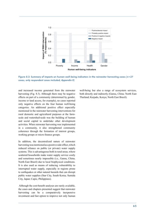 Figure 8.3: Summary of impacts on human well-being indicators in the rainwater harvesting cases (n=27
cases, only respondent cases included, Appendix II)



and increased income generated from the rainwater           well-being but also a range of ecosystem services,
harvesting (Fig. 8.3). Although there may be negative       both directly and indirectly (Gansu, China; North East
effects on part of a community (determined by gender,       Thailand; Kaijado, Kenya; North East Brazil).
income or land access, for example), no cases reported
only negative effects on the four human well-being
categories. An additional positive effect especially
mentioned in the rainwater harvesting interventions for
rural domestic and agricultural purposes at the farm-
scale and watershed-scale was the building of human
and social capital to undertake other development
activities. When rainwater harvesting was implemented
in a community, it also strengthened community
coherence through the formation of interest groups,
working groups or micro finance groups.

In addition, the decentralized nature of rainwater
harvesting was mentioned as a positive side-effect, which
reduced reliance on public (or private) water supply
systems. This is advantageous both in rural areas, where
scattered households make water supply service costly
and sometimes nearly impossible (i.e., Gansu, China;
North East Brazil) due to local biophysical conditions.
It is also used as means of reducing vulnerability to
interrupted water supply, especially in regions prone
to earthquakes or other natural hazards that can disrupt
public water supplies (Star City, South Korea; Sumida
City, Japan; Capiz, Philippines).

 Although the cost-benefit analyses are rarely available,
the cases and chapters presented suggest that rainwater
harvesting can be a comparatively inexpensive
investment and fast option to improve not only human


                                                                                                              65
 